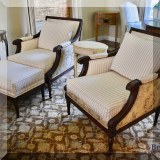 F07. Pair of Ethan Allen upholstered armchairs (34”h x 31”w x 35”d) and matching ottoman. 